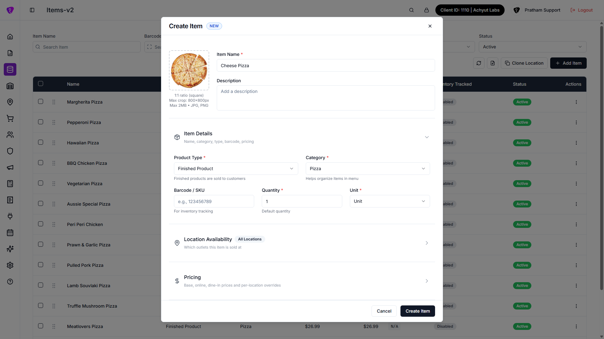 Create Item dialog