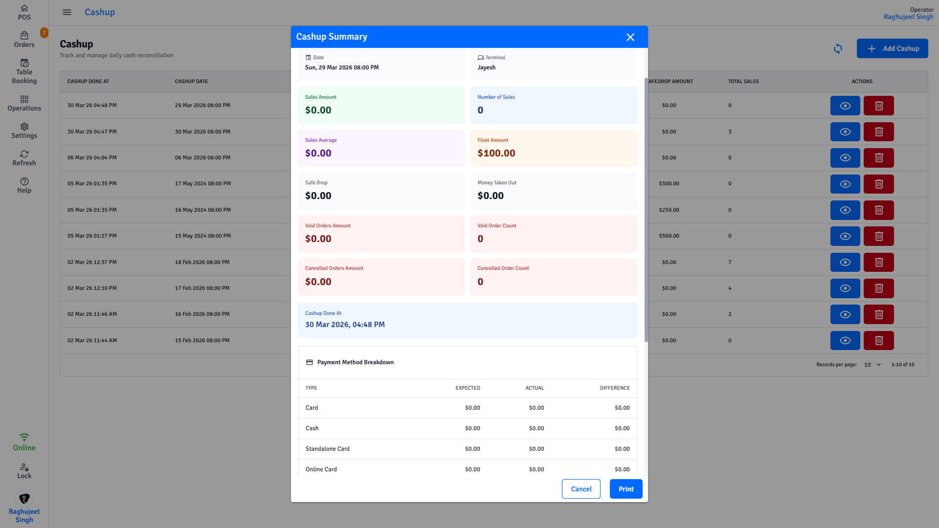 Pratham POS cash reconciliation report — completed cash-up with sales summary, discrepancies, and payment breakdown