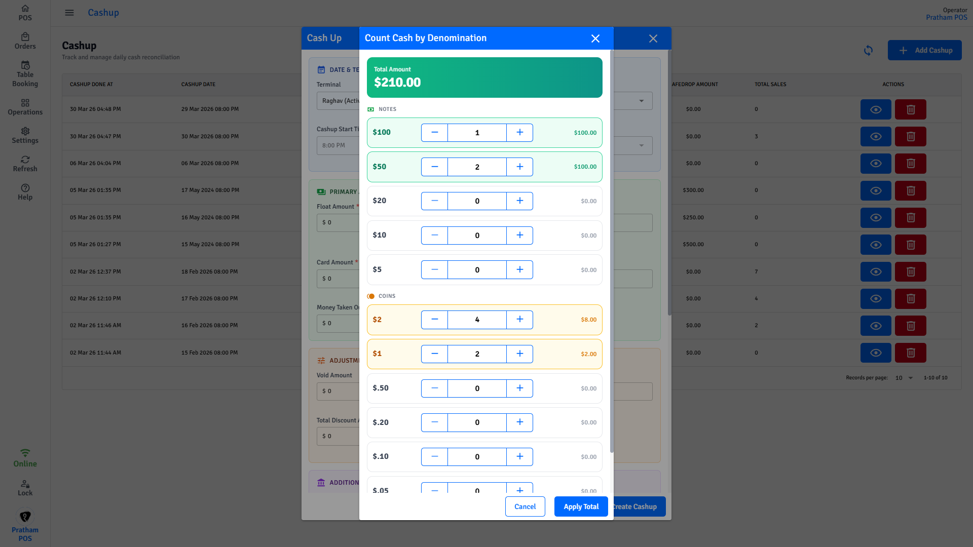 Pratham POS Denomination Calculator Pratham POS denomination calculator - enter note and coin quantities to calculate total cash amount
