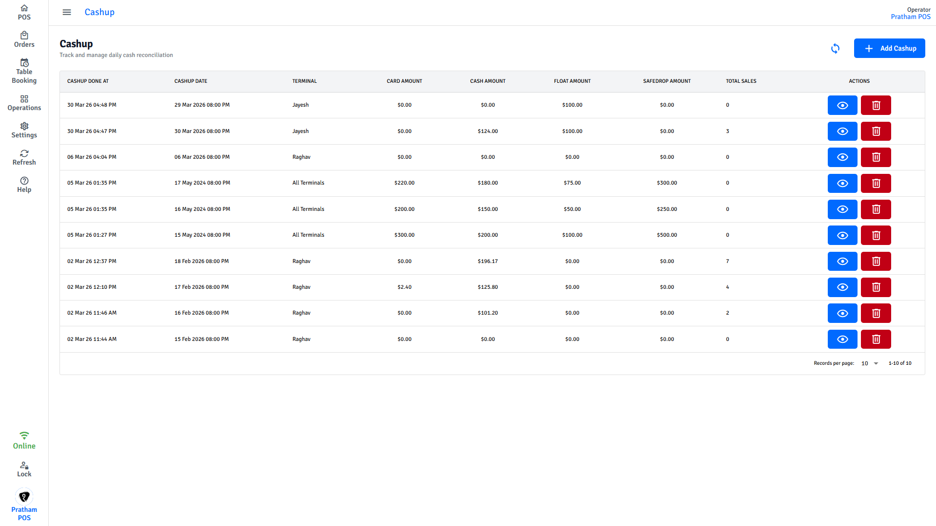 Pratham POS Cash Up List Pratham POS Cash Up list - completed cashup rows with date, terminal, amounts, and view/delete actions
