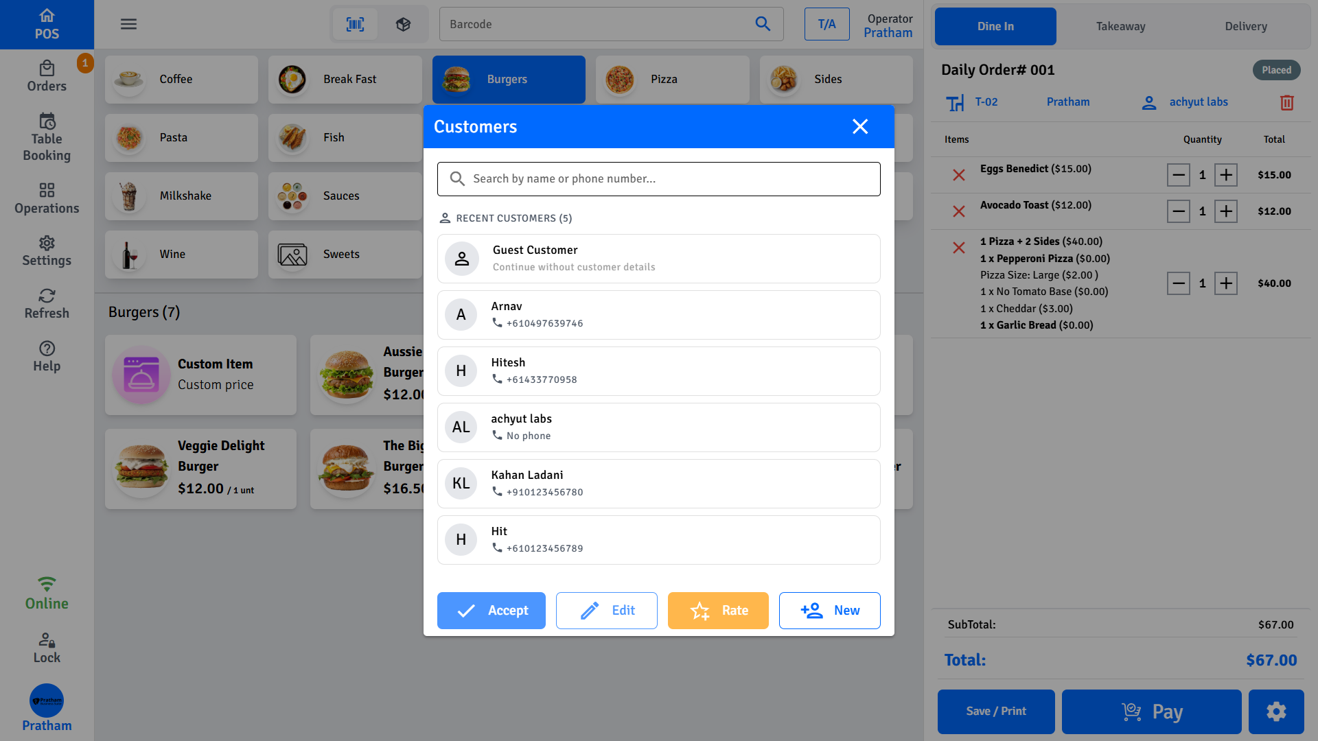 Pratham POS customer lookup — search customers by name, phone, or email to link to an order