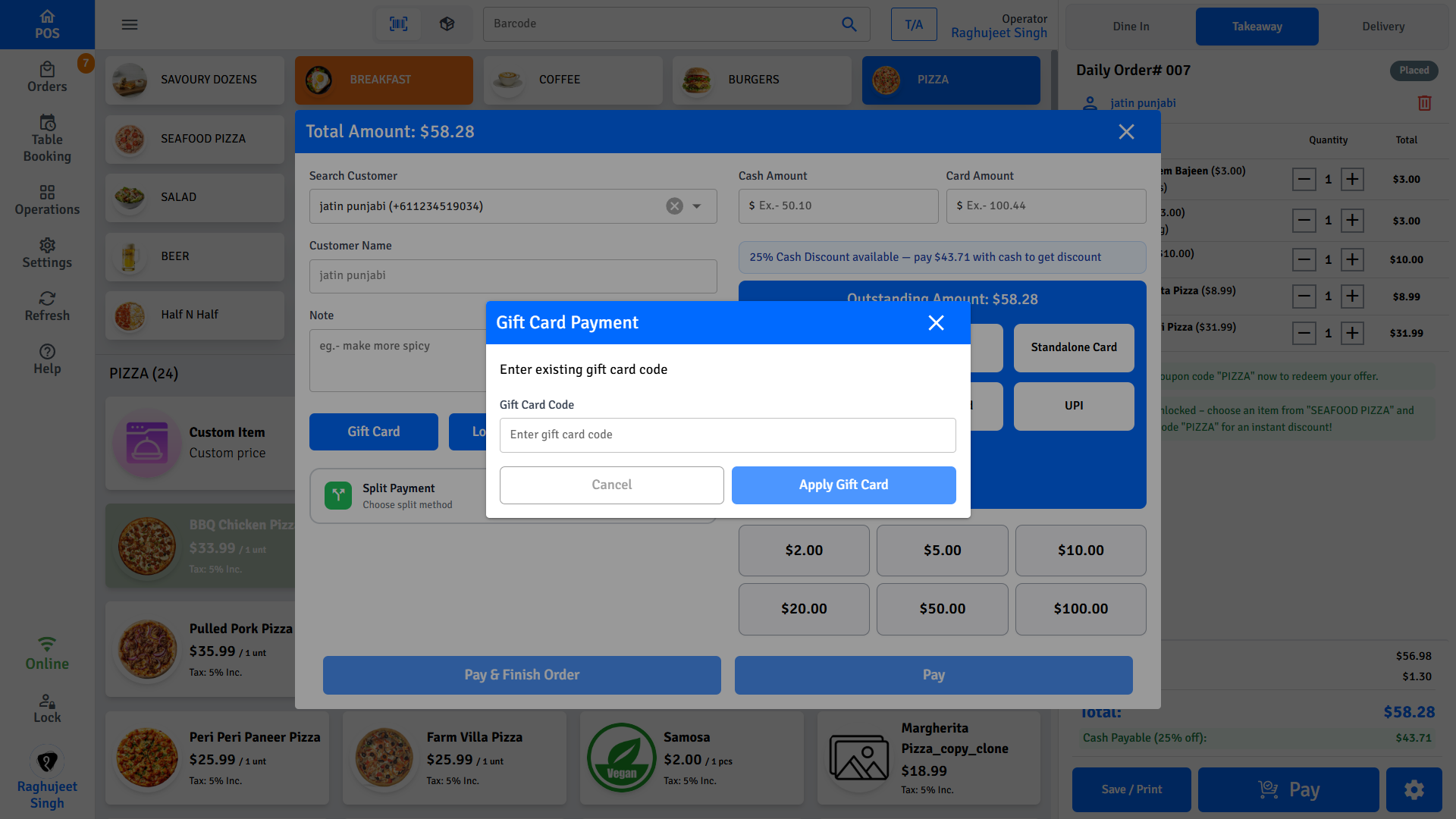 Pratham POS gift card payment — enter gift card code to apply balance to the order