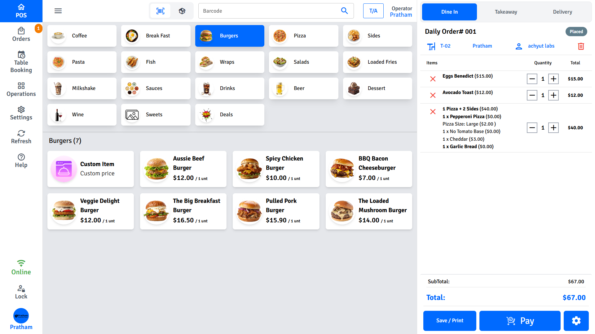 Pratham POS home screen — product grid, cart panel, and navigation sidebar