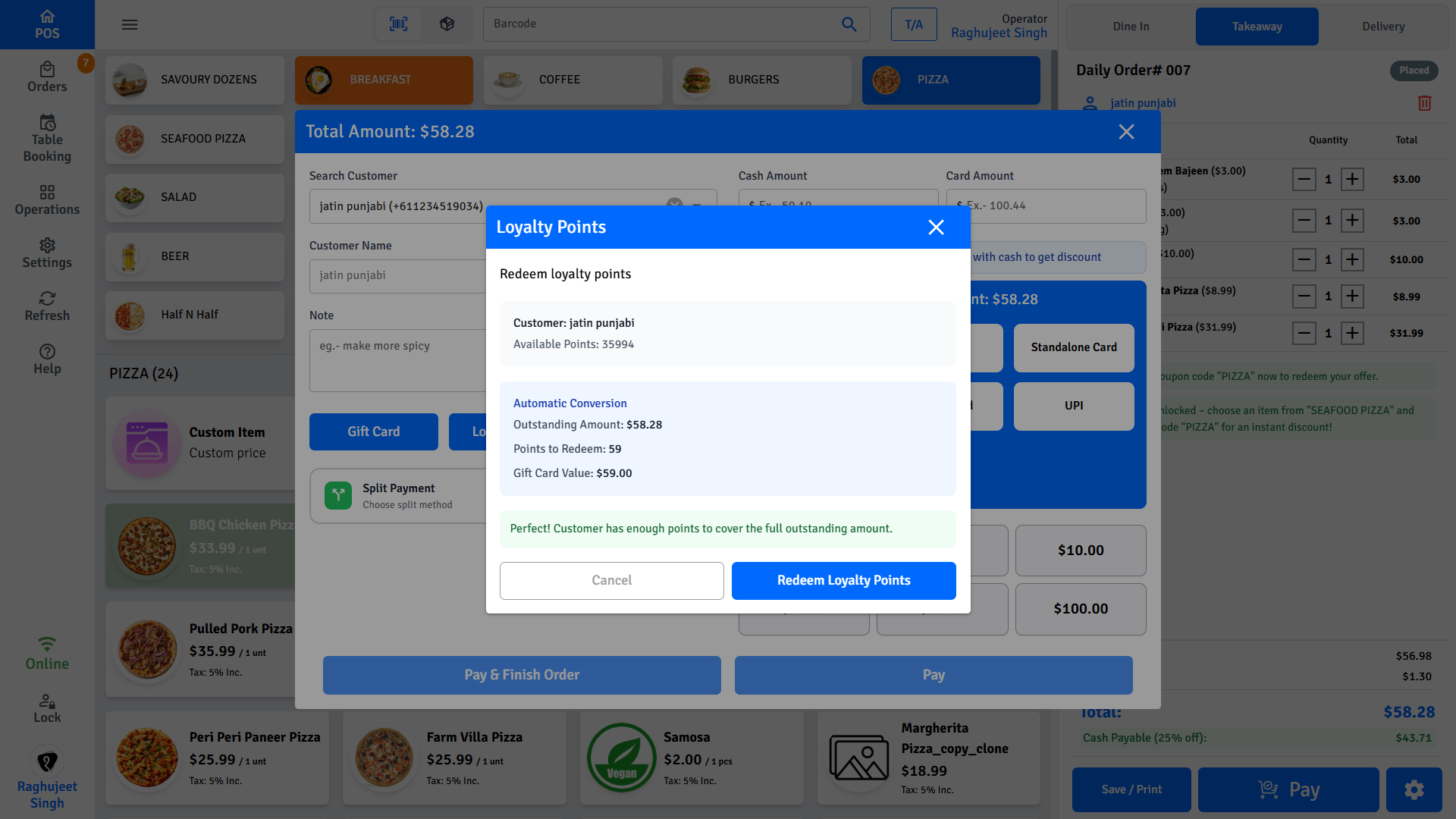 Pratham POS loyalty points redemption — convert customer loyalty points to a discount at checkout