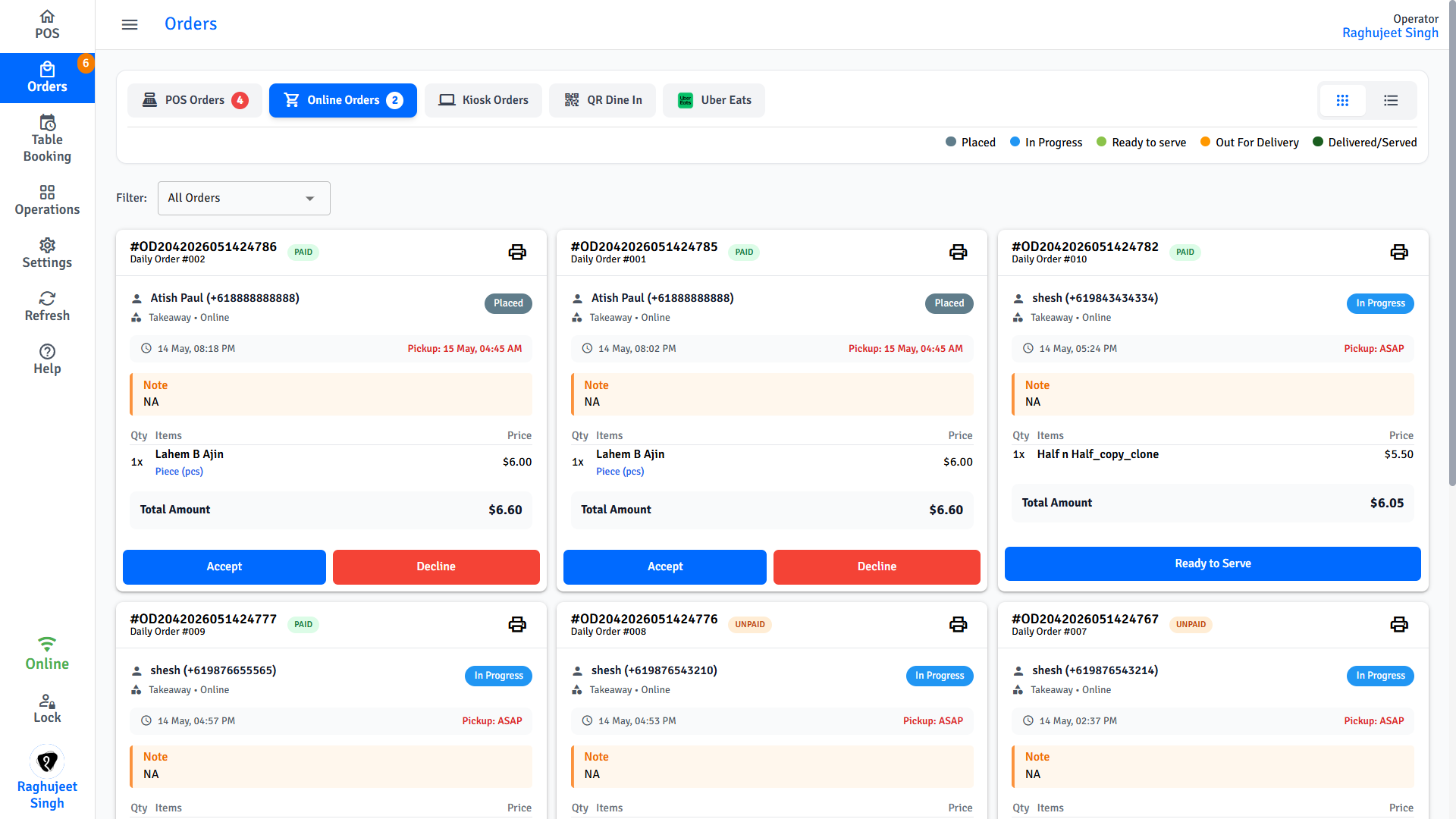 Pratham POS online order management — accept or decline incoming online orders