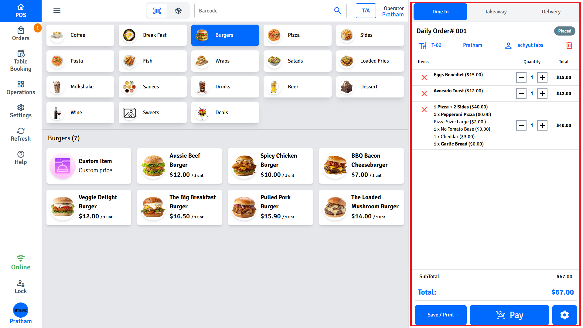 Pratham POS order cart — items, quantities, modifiers, and checkout button