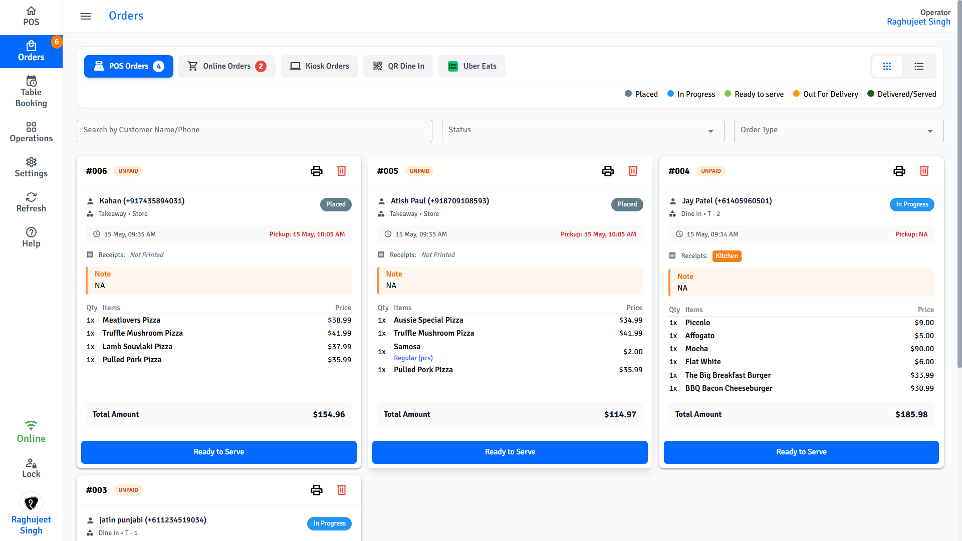 Pratham POS order management screen — view and manage all active POS orders