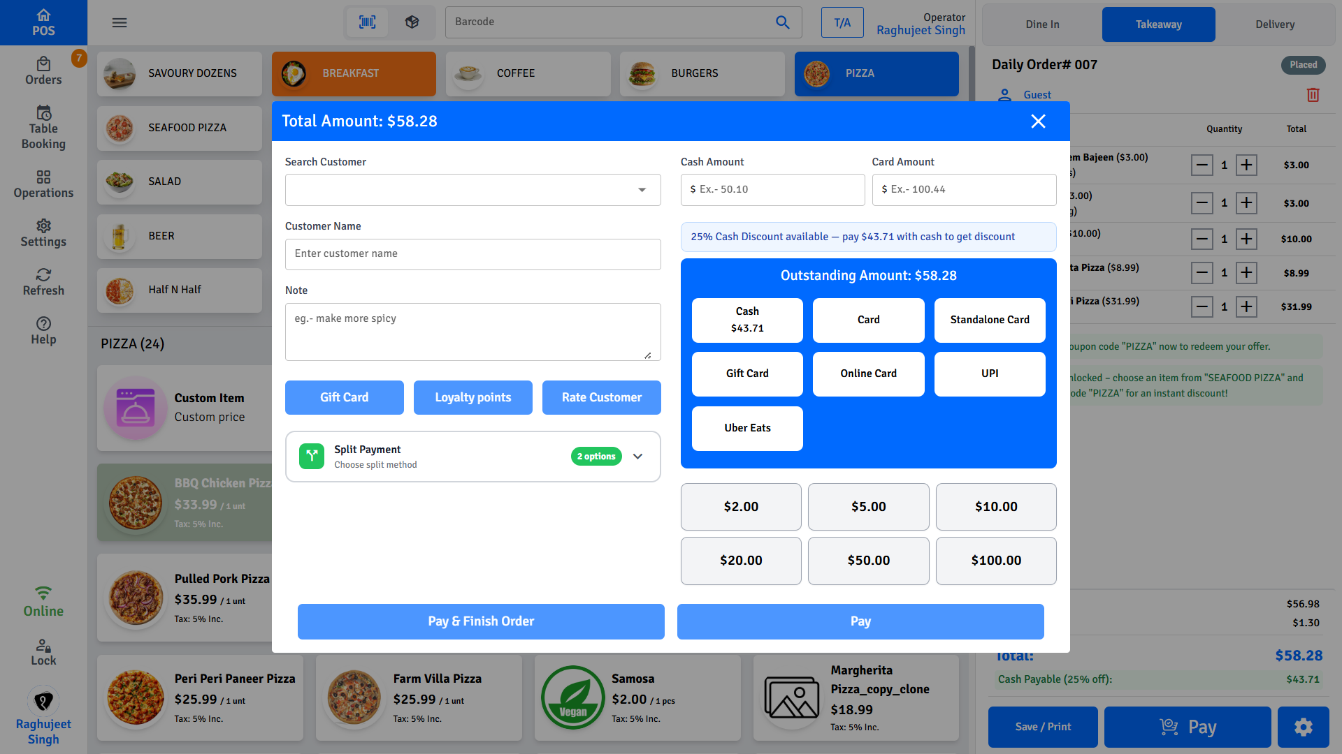 Pratham POS payment checkout — select cash, card, or gift card to process payment