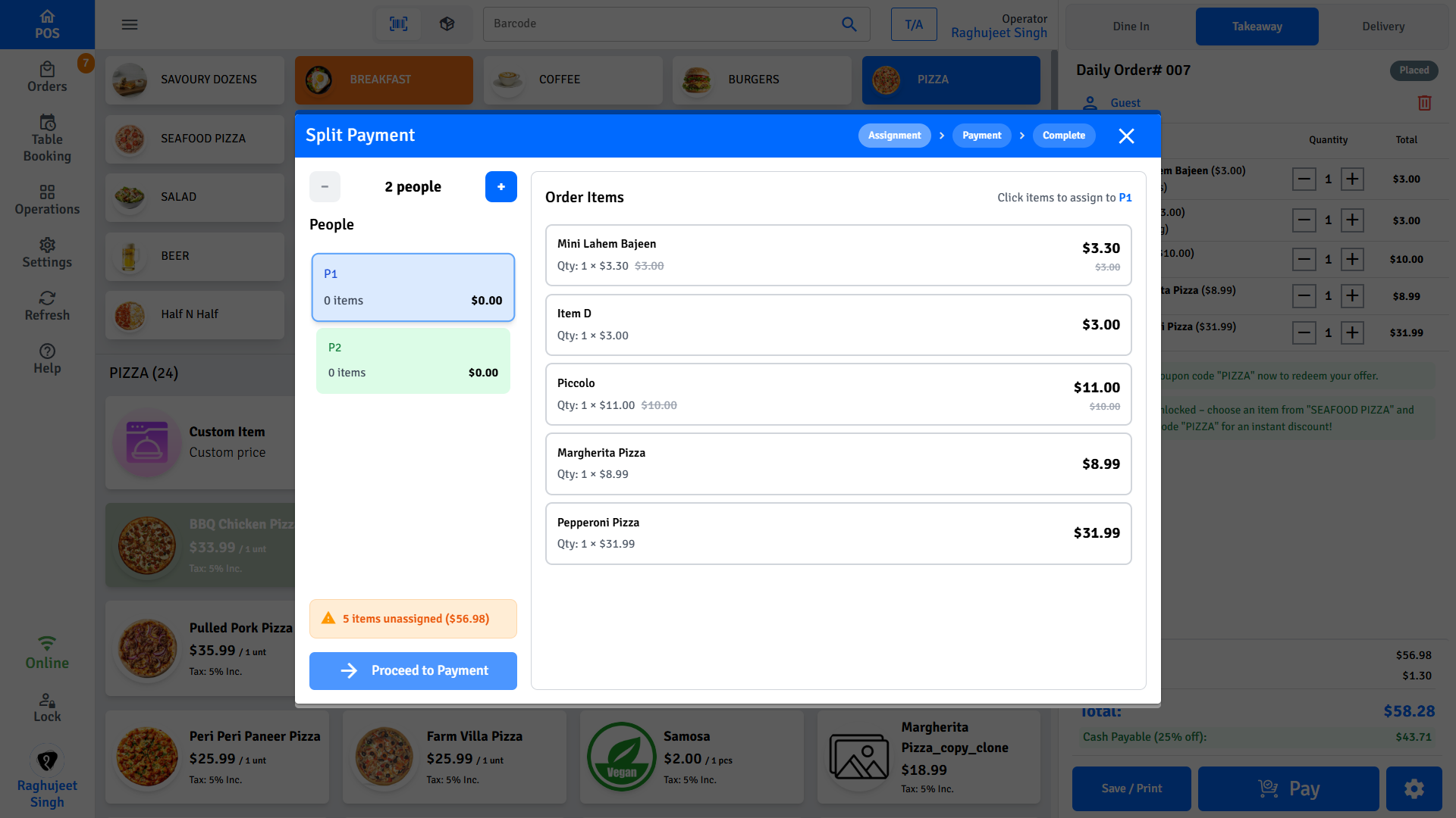 Pratham POS split payment item assignment — assign cart items to individual people
