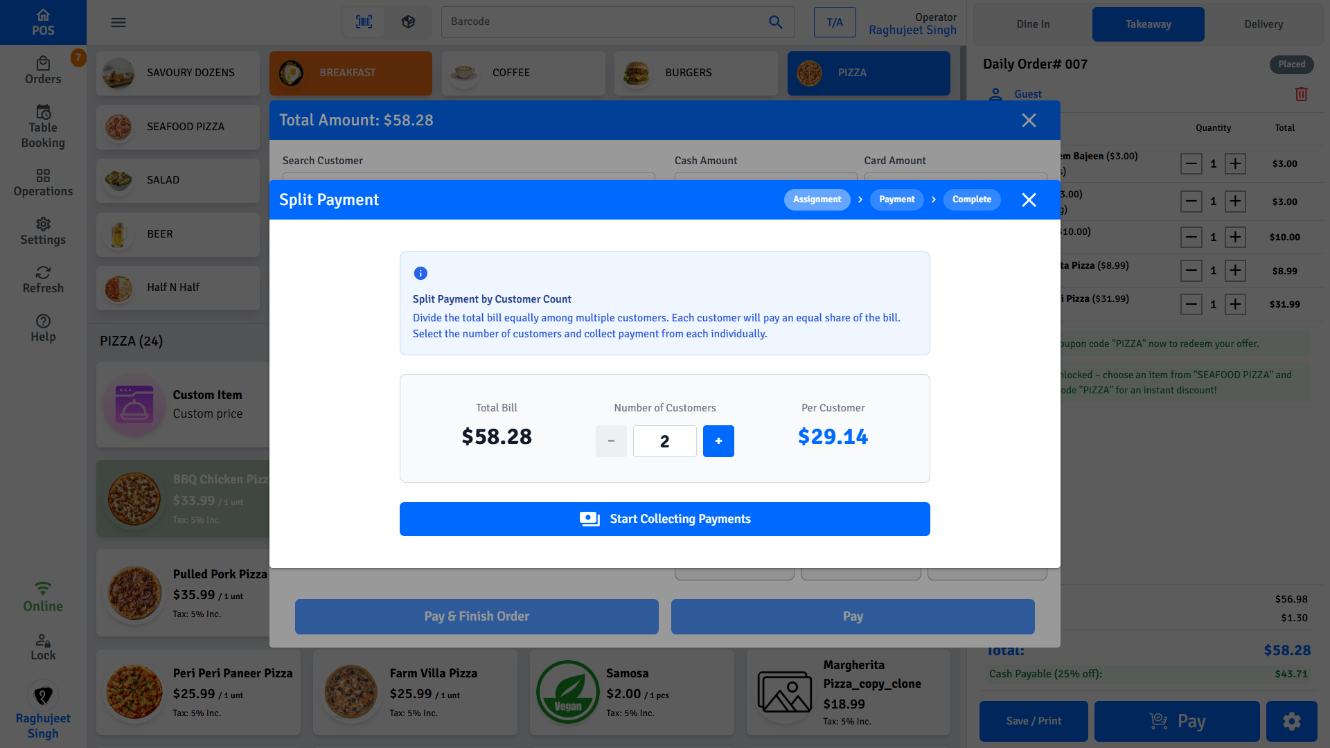 Pratham POS split payment per person — process separate payment for each guest
