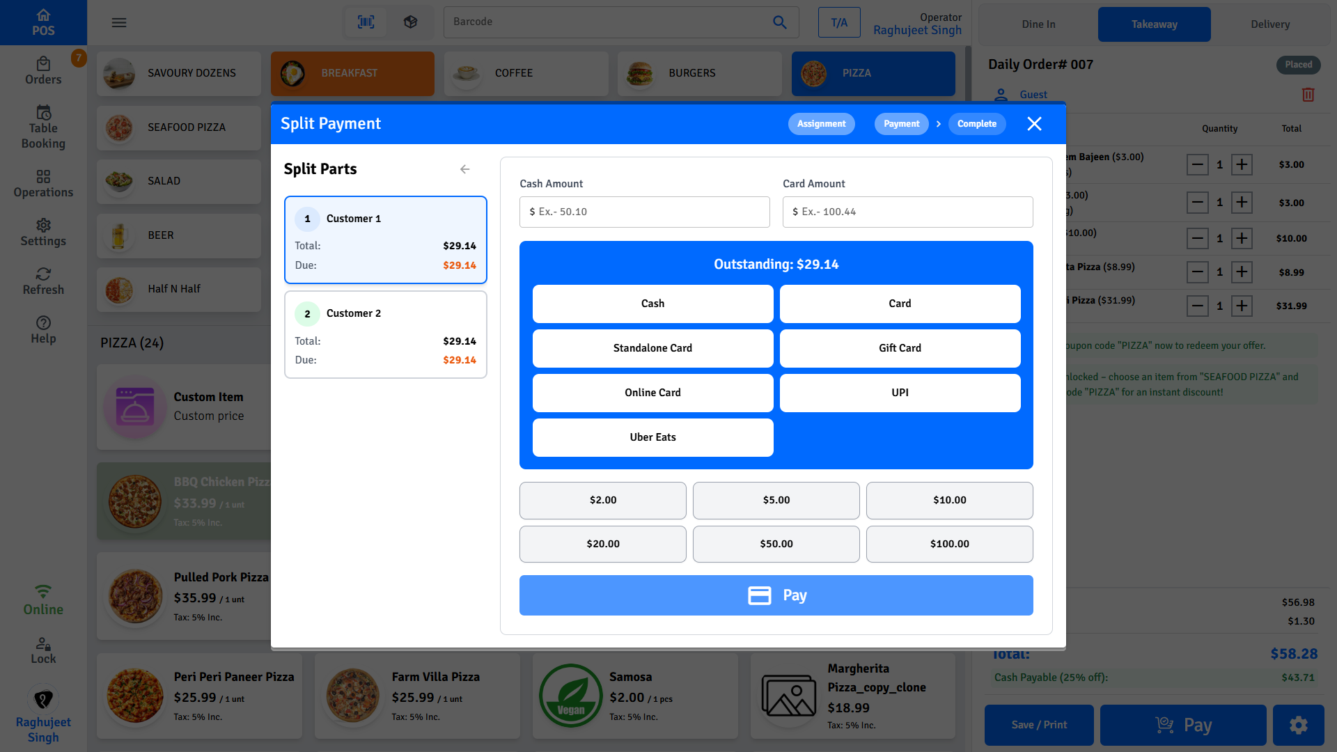 Pratham POS split payment — divide a bill across multiple people at a dine-in table