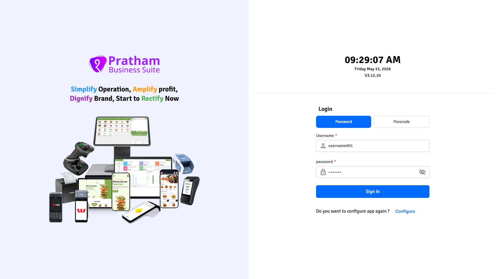 Pratham POS staff login screen — enter username and password to sign in