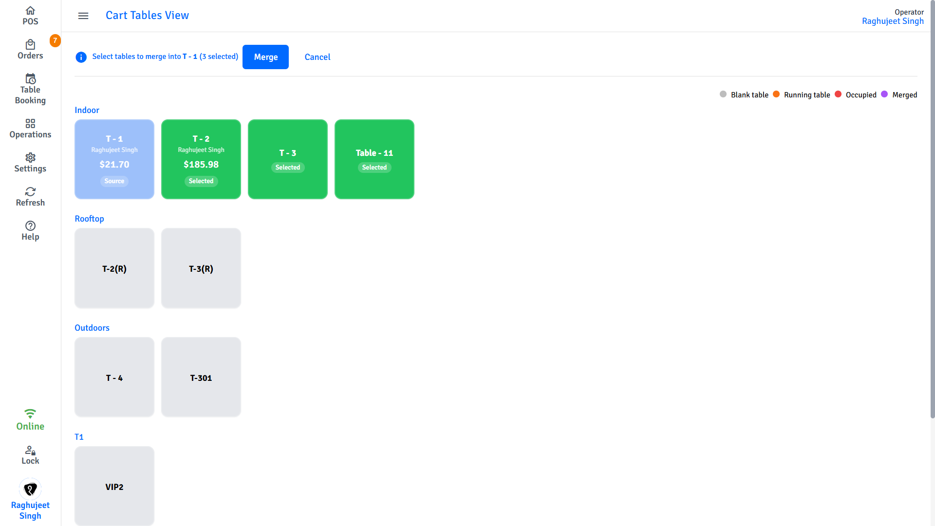 Pratham POS table merge — combine multiple table orders into a single bill