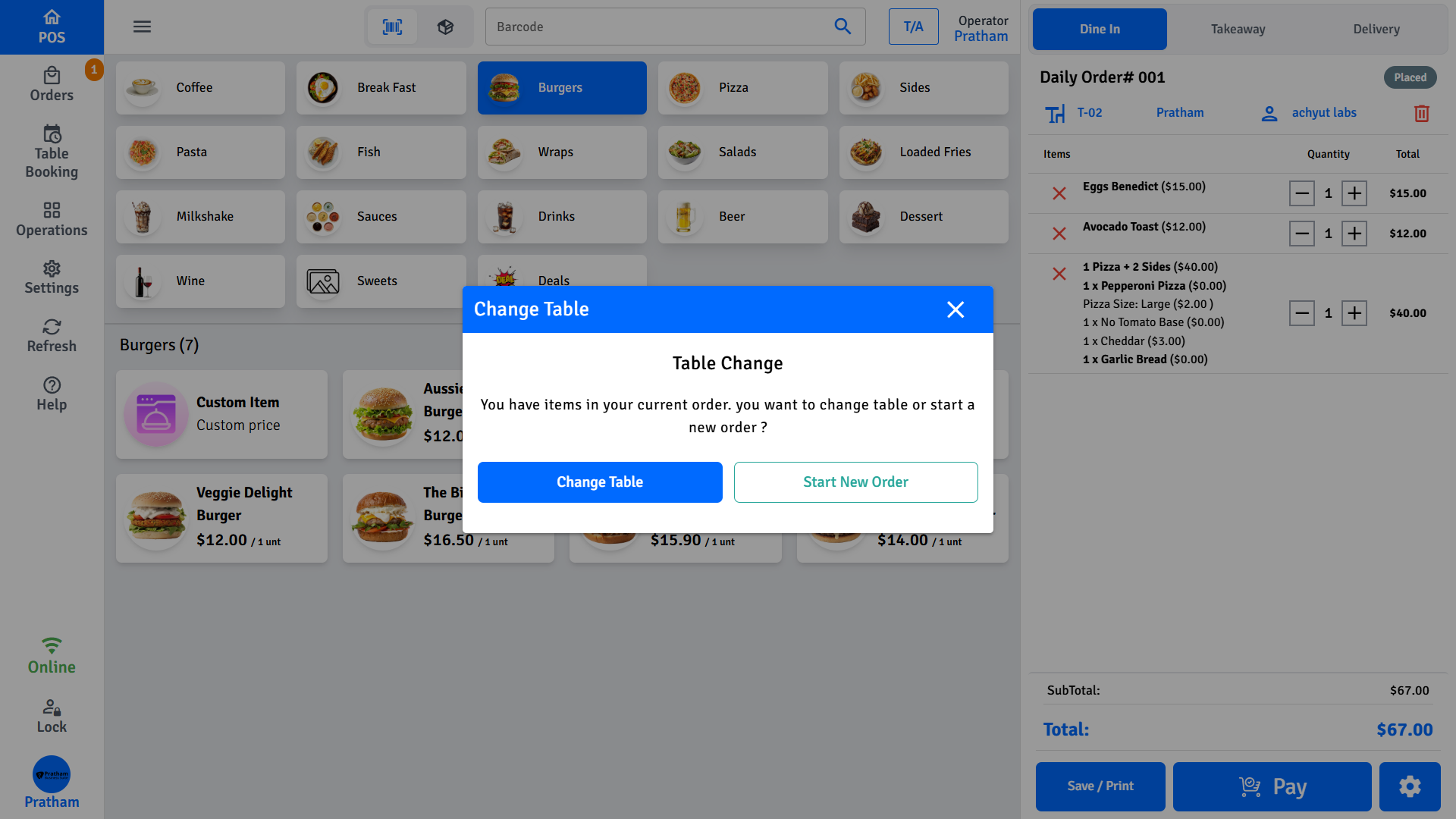 Pratham POS table transfer — reassign an active dine-in order to a different table