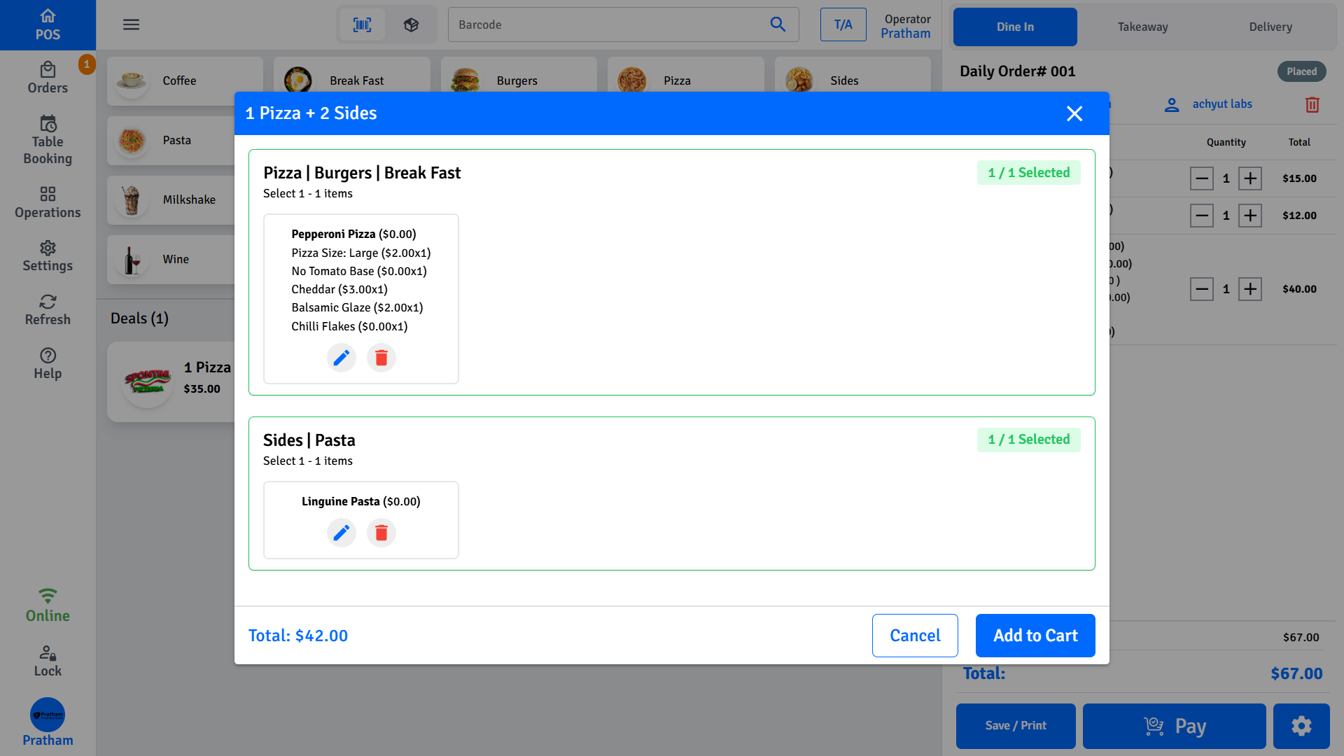 Pratham POS combo deal builder — select items for each group in a combo or BOGO deal