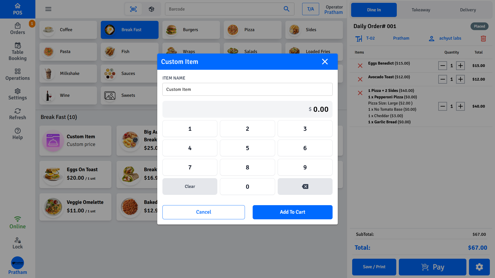 Pratham POS custom item entry — quickly add a one-off item with name, price, and tax selection
