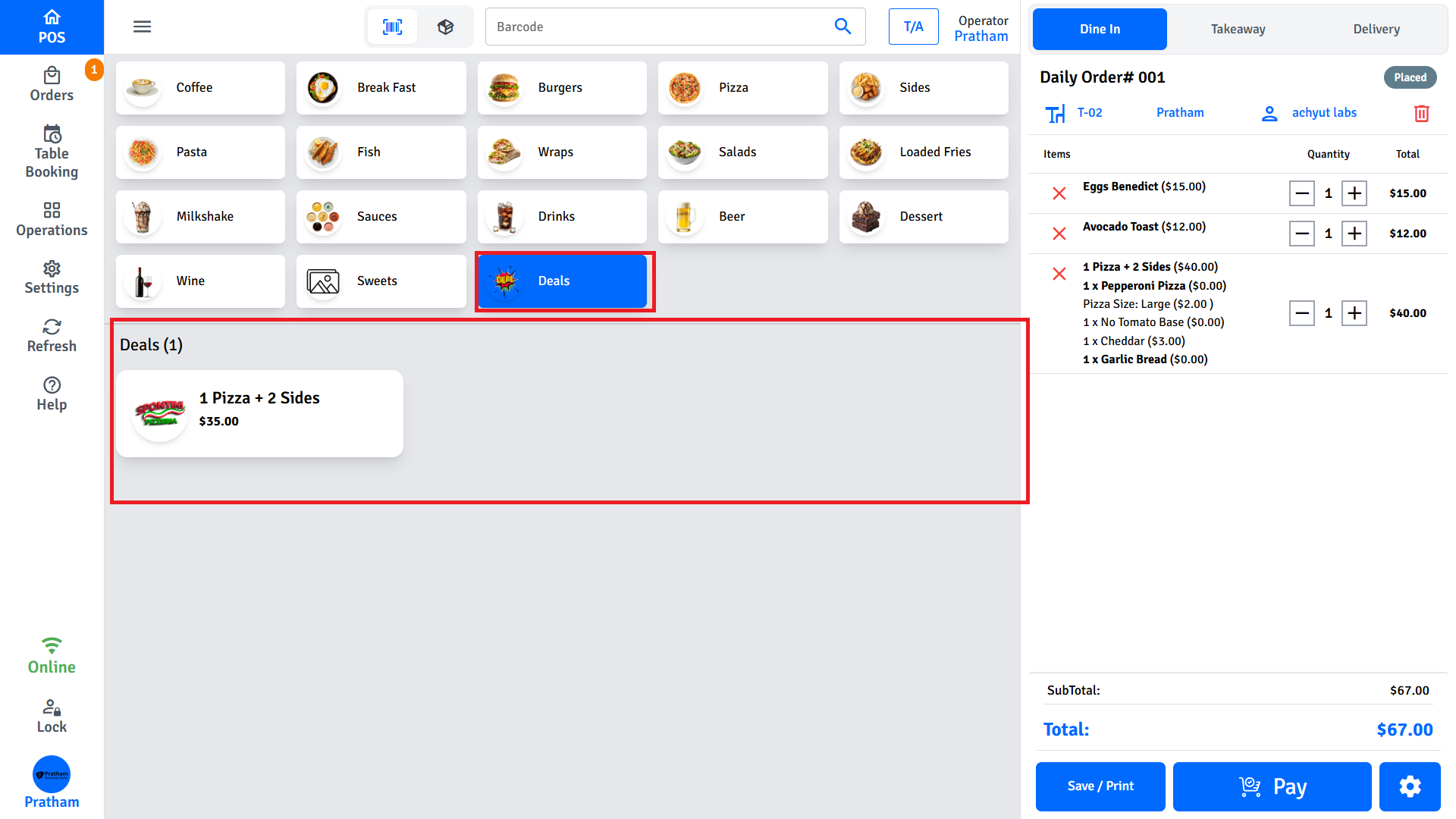 Pratham POS deals menu — combo, BOGO, and bundle deals available on the product grid