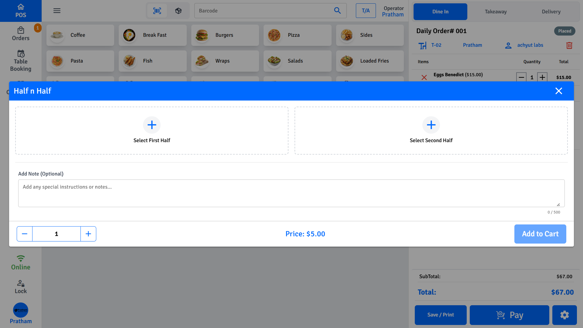 Pratham POS half and half builder — select two different products to split a single menu item