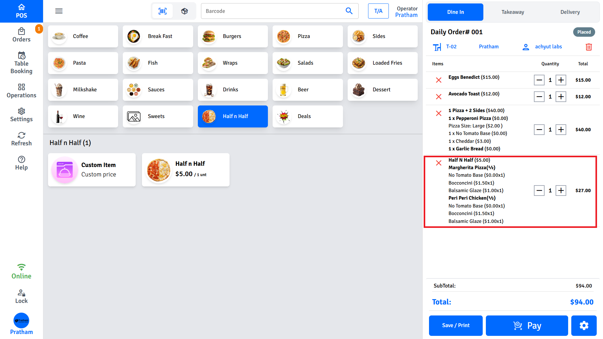 Pratham POS half and half cart item — single line item showing both halves and their respective modifiers