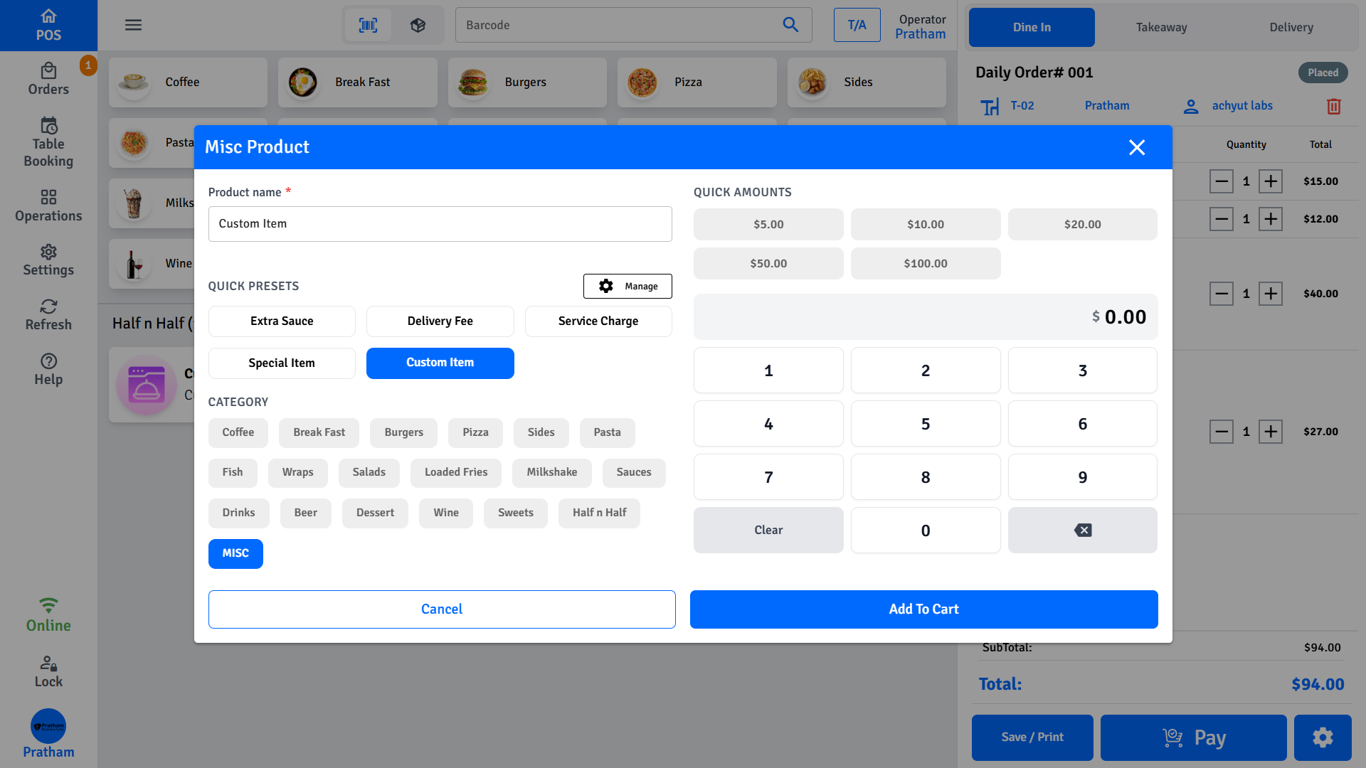 Pratham POS misc product entry — add an unlisted item with custom name, category, and price