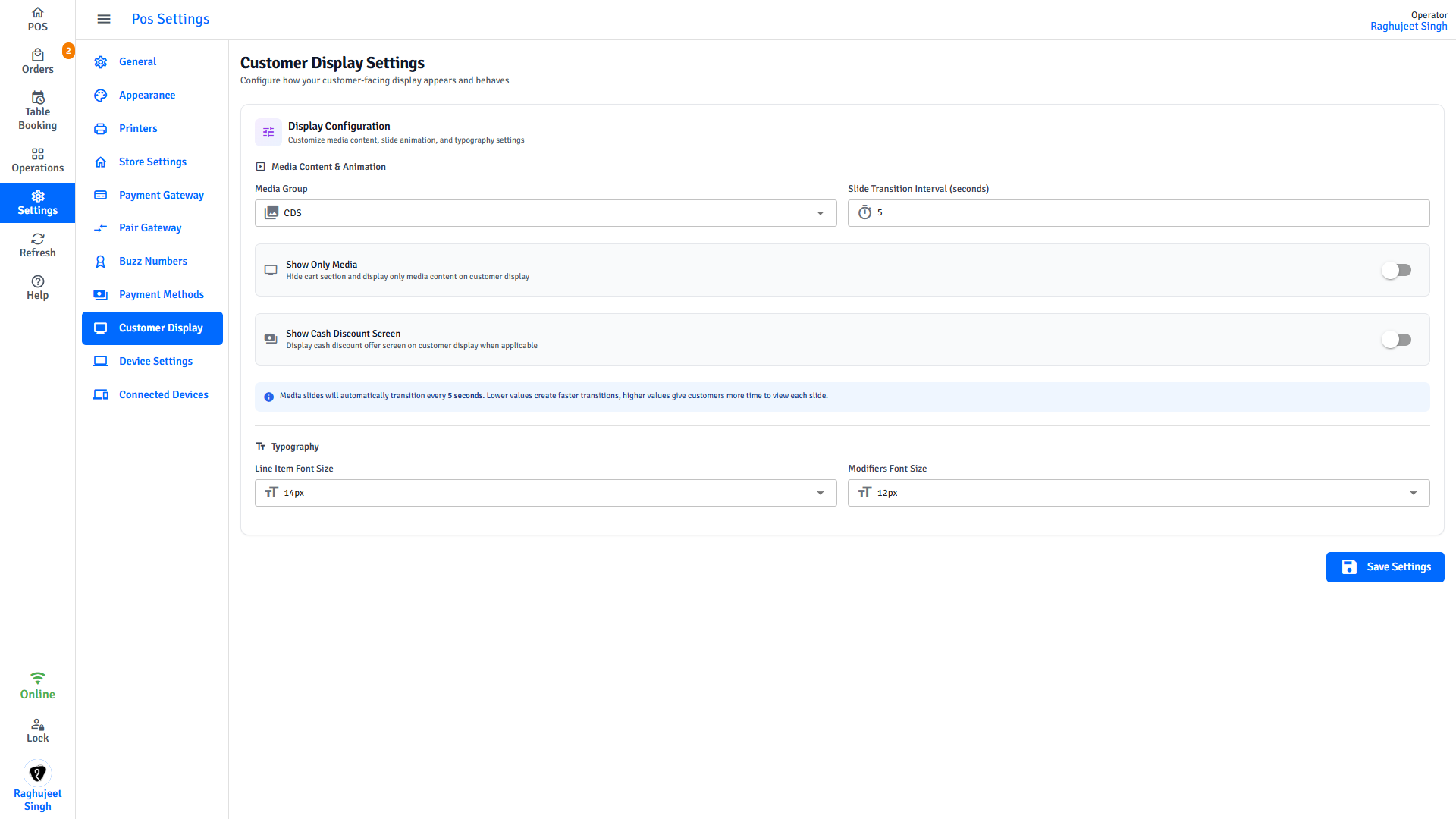 Pratham POS customer display configuration — configure promotional media group, font size, and cart visibility