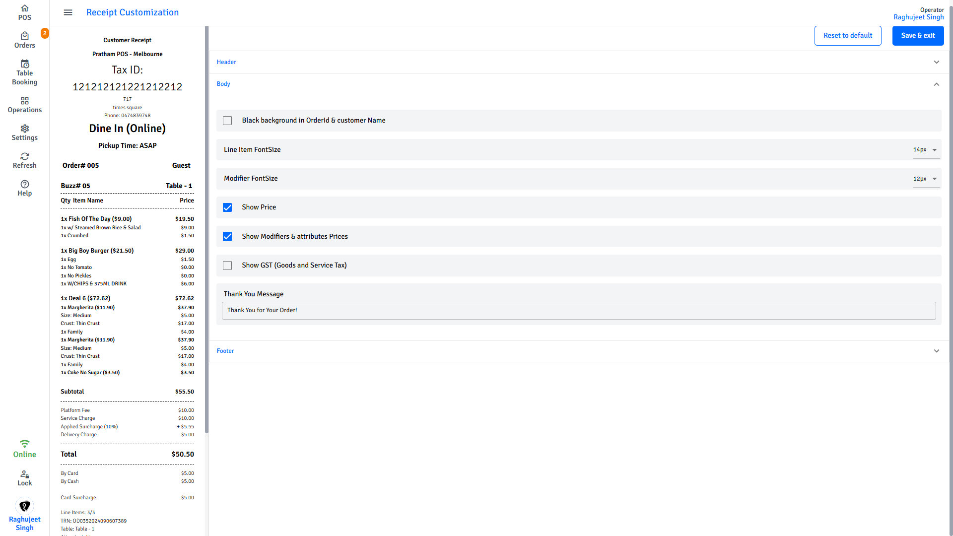 Pratham POS customer receipt header and footer — configure custom header and footer message text