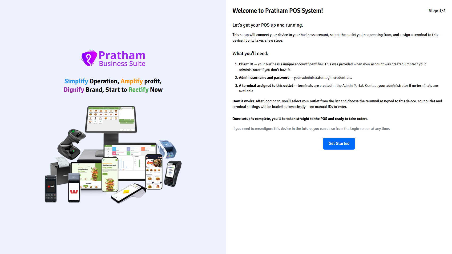 Pratham POS first-time setup welcome screen — introduction and prerequisites for initial POS configuration