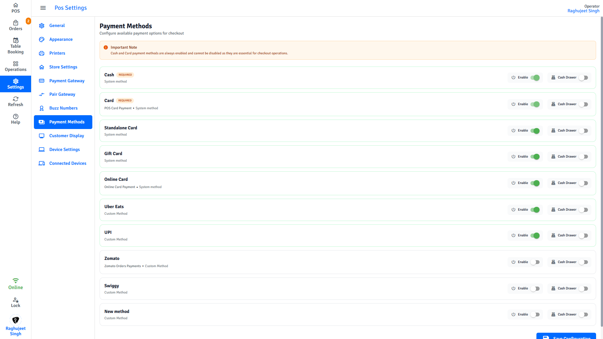 Pratham POS payment methods configuration — configure cash drawer open behaviour per payment method