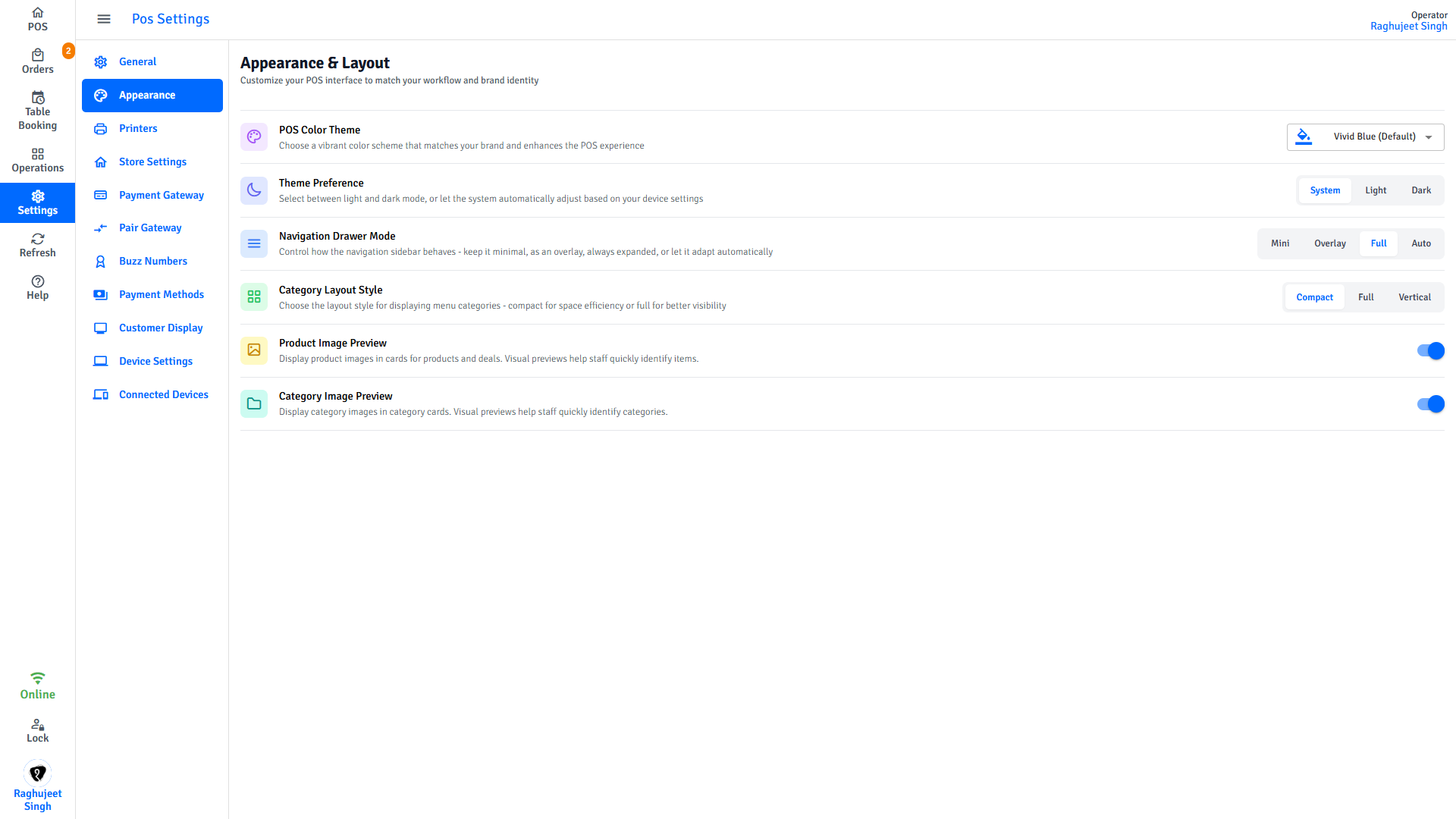 Pratham POS appearance settings — configure theme colour, sidebar mode, and product card layout
