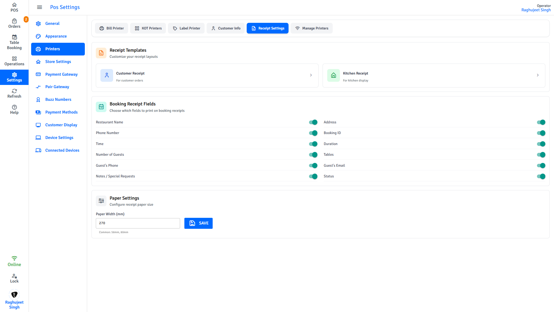 Pratham POS receipt customisation — configure customer receipt, kitchen order ticket, and label printer layouts