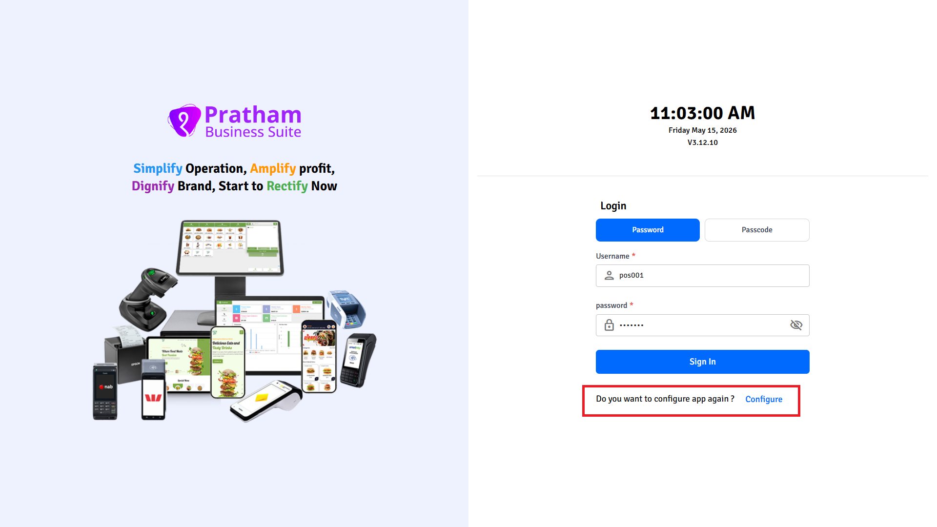Pratham POS reconfigure button — reset and reconfigure the POS app on this device from the login screen