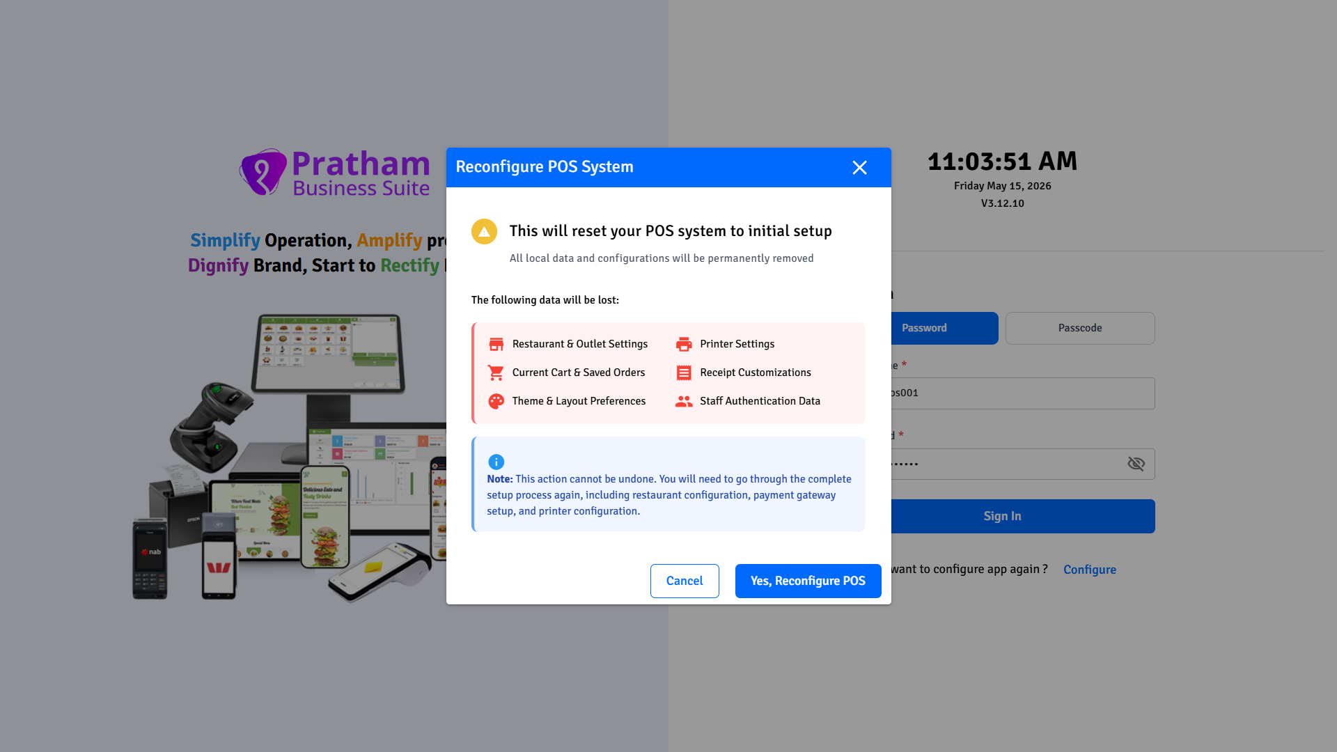 Pratham POS reconfigure confirmation — lists all local device data that will be permanently deleted on reset