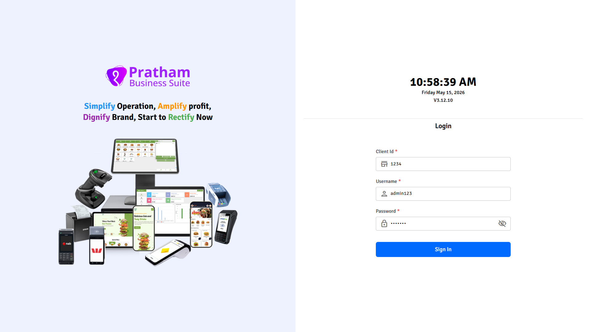 Pratham POS setup admin login — enter Client ID, username, and password to begin POS configuration