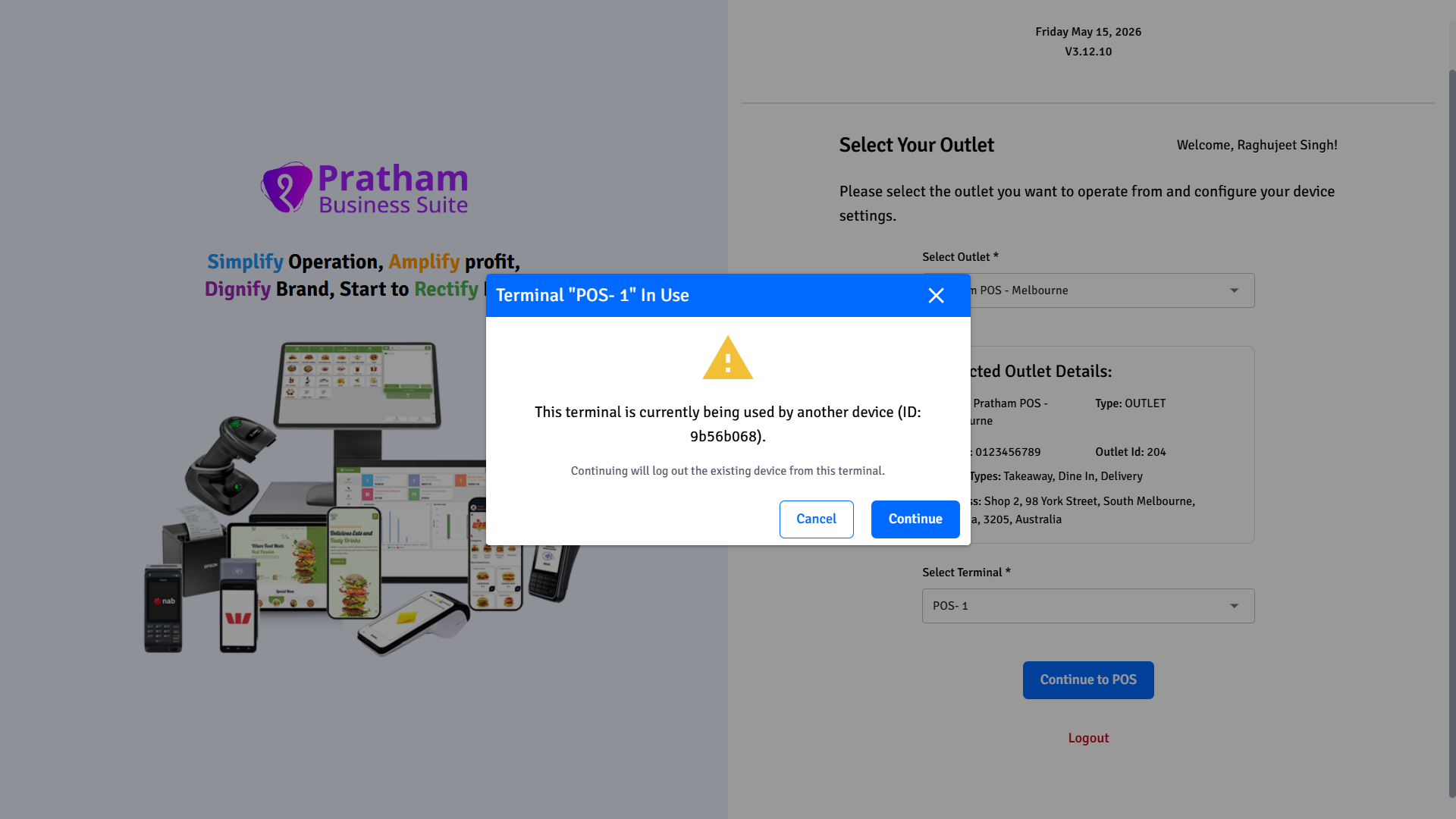 Pratham POS terminal in use warning — selected terminal is already registered on another device