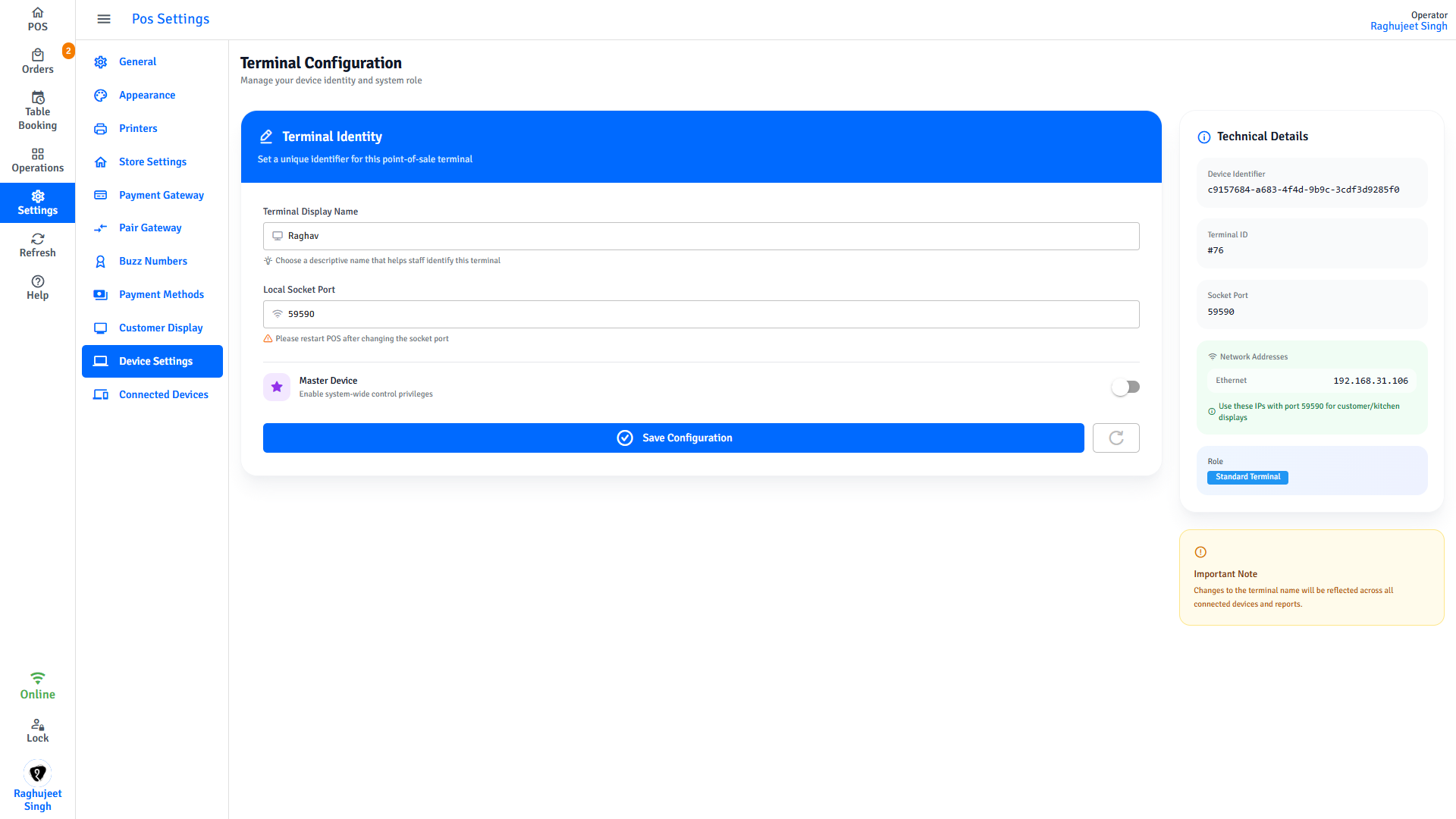 Pratham POS terminal configuration — configure terminal display name, socket port, and master device mode