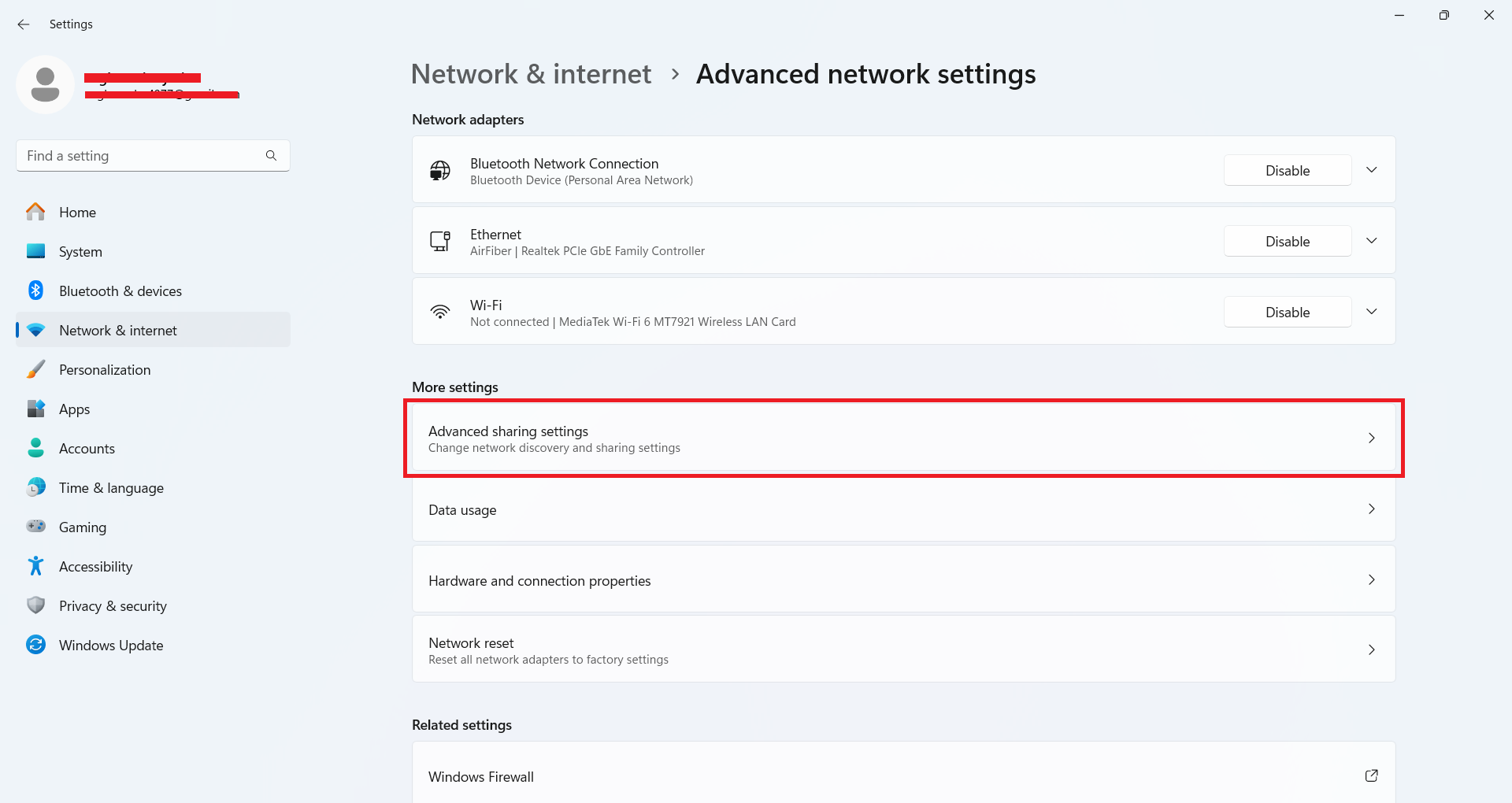 Advanced network settings screen with Advanced sharing settings highlighted under More settings