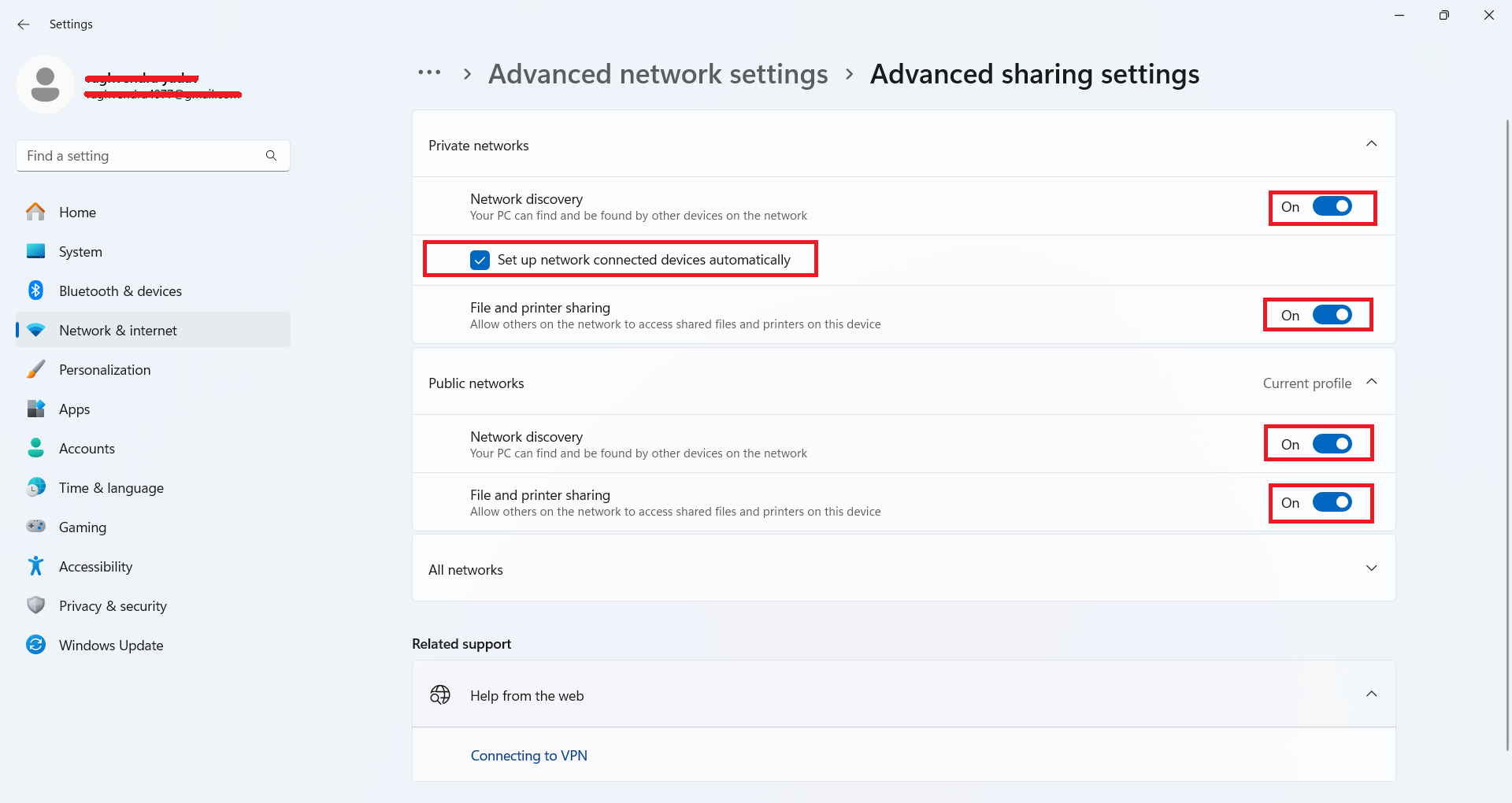 Advanced sharing settings - Network discovery and File and printer sharing toggled On for both Private and Public networks