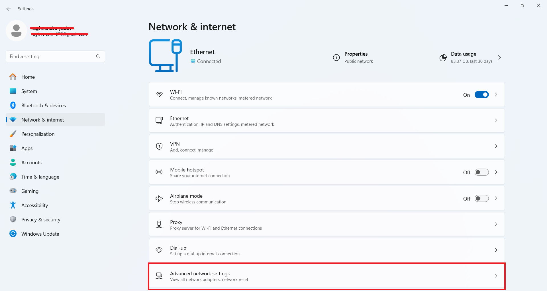 Windows Settings - Network & internet screen showing Advanced network settings at the bottom